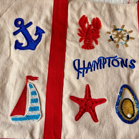 America & Beyond 'Hamptons' Limited Edition Beaded Canvas Tote-Red and Cream - Picture 5 of 11